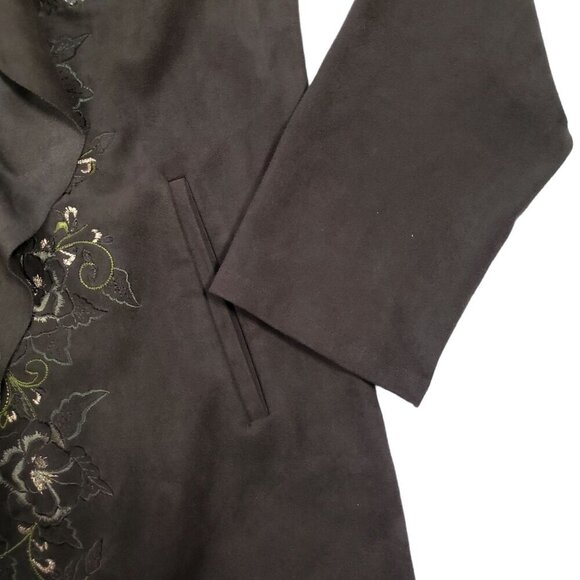 Chico’s Womens Faux Suede Drape Jacket Floral Embroidered Detail Green Size 8/10 - Picture 6 of 10